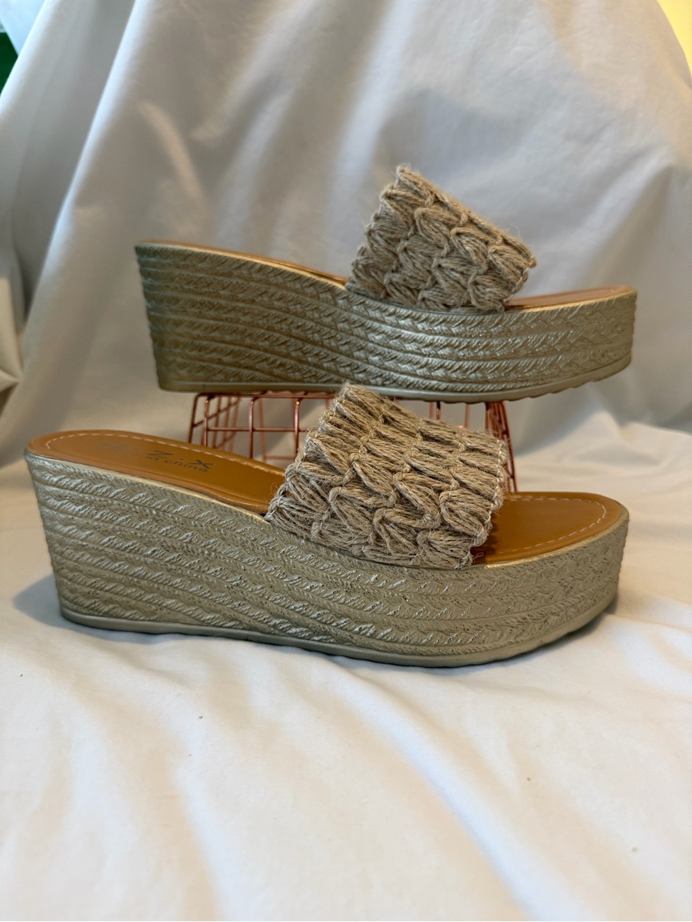 Womens Beige Wedge Slide Sandals - Platform Espadrille Style